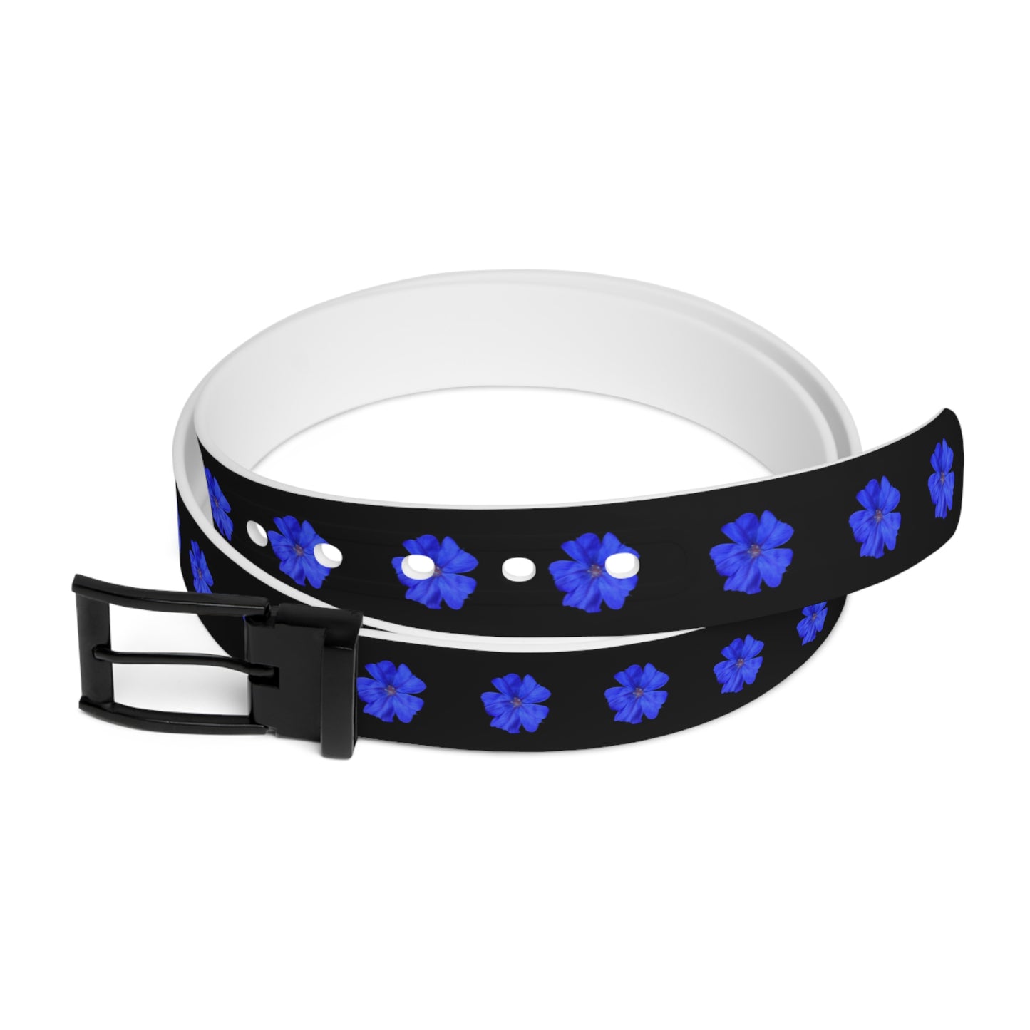 Blue Floral Belt — Black Leather Belt with Royal Blue Flower Pattern