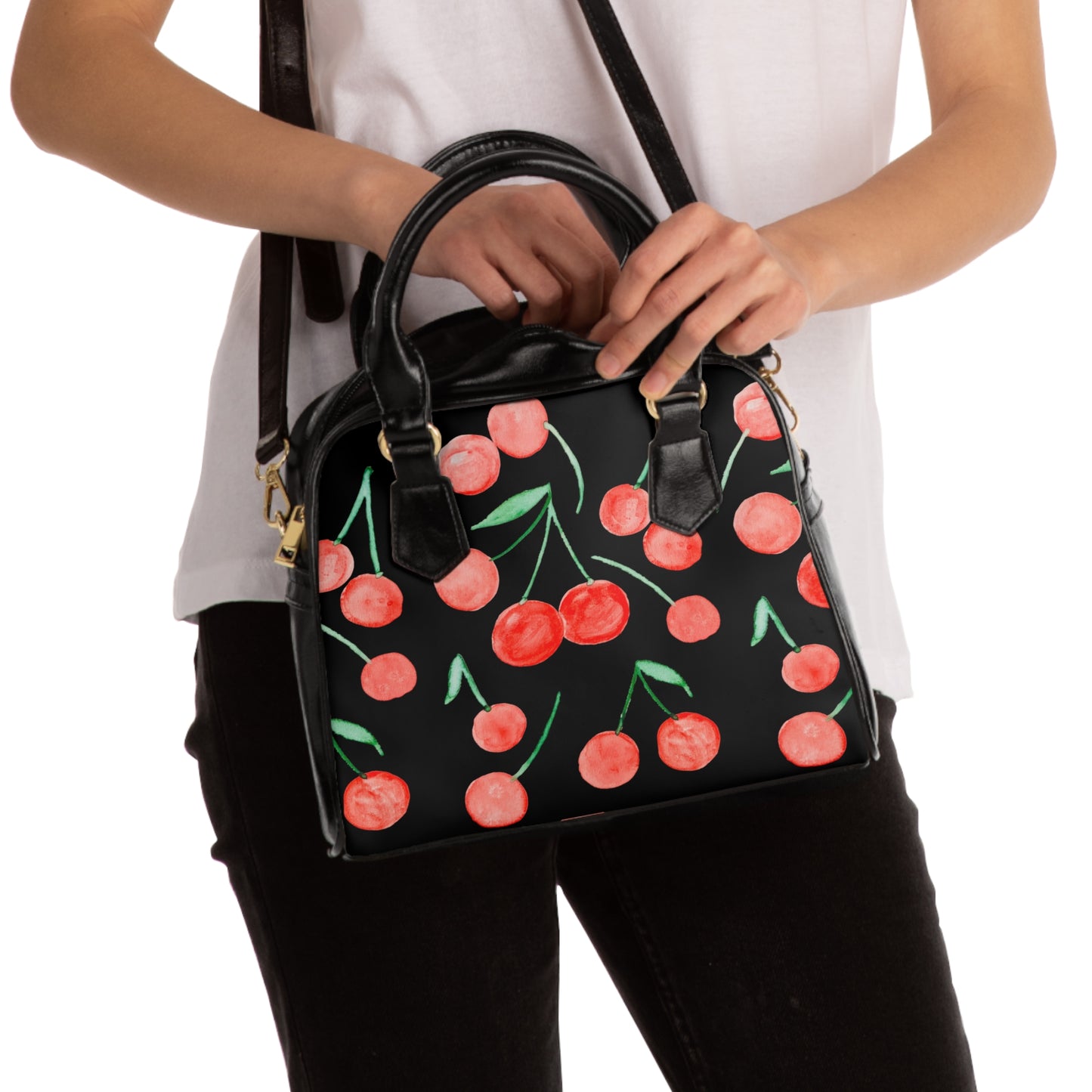 Cherry Pattern Shoulder Black Handbag | Red Cherry Print Bag