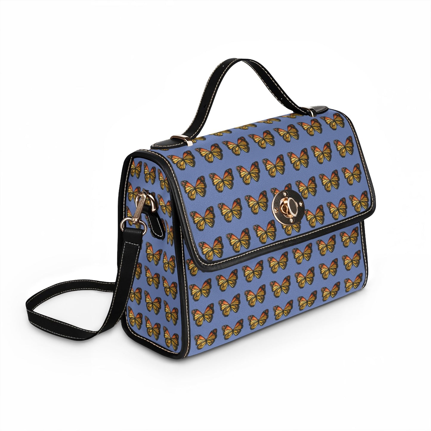 Butterfly Pattern Canvas Tote — Retro Blue Waterproof Bag