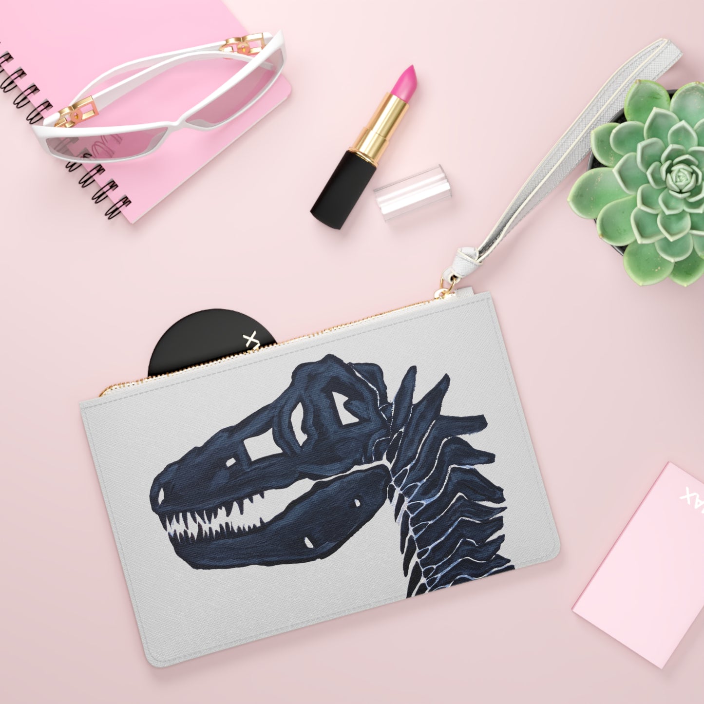Dinosaur T-Rex Skull Navy Clutch Bag — Fossil Skeleton Wristlet Purse