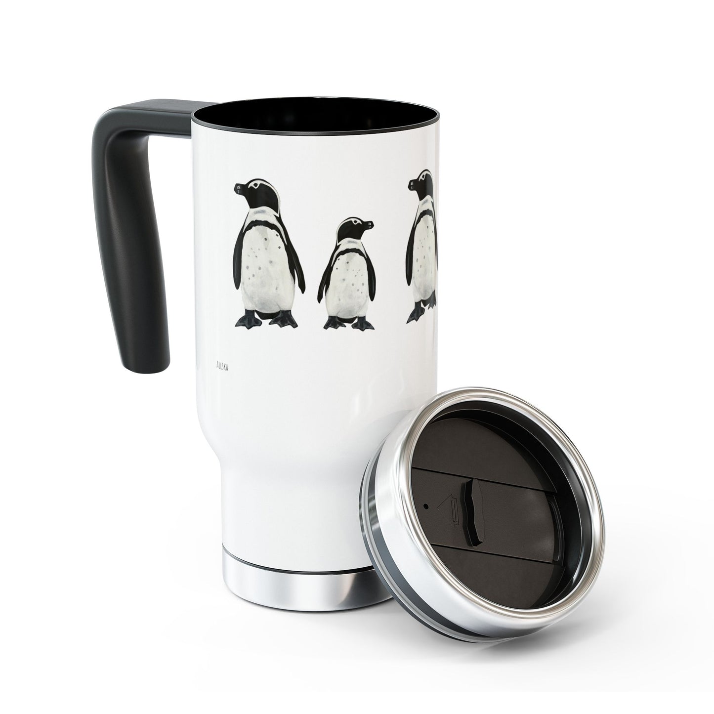 Penguin Line 14oz Stainless Steel Travel Mug with Handle — Cute Polar Animal Coffee Tumbler