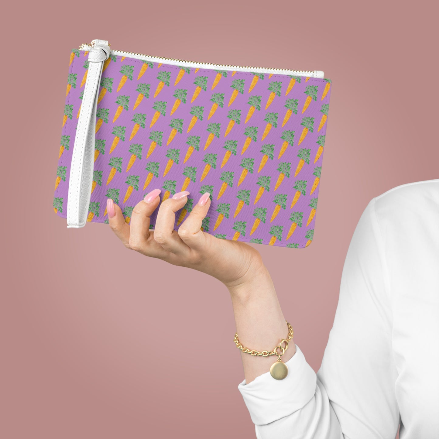 Carrot Pattern Purple Clutch Bag — Retro Vegan Leather Wristlet