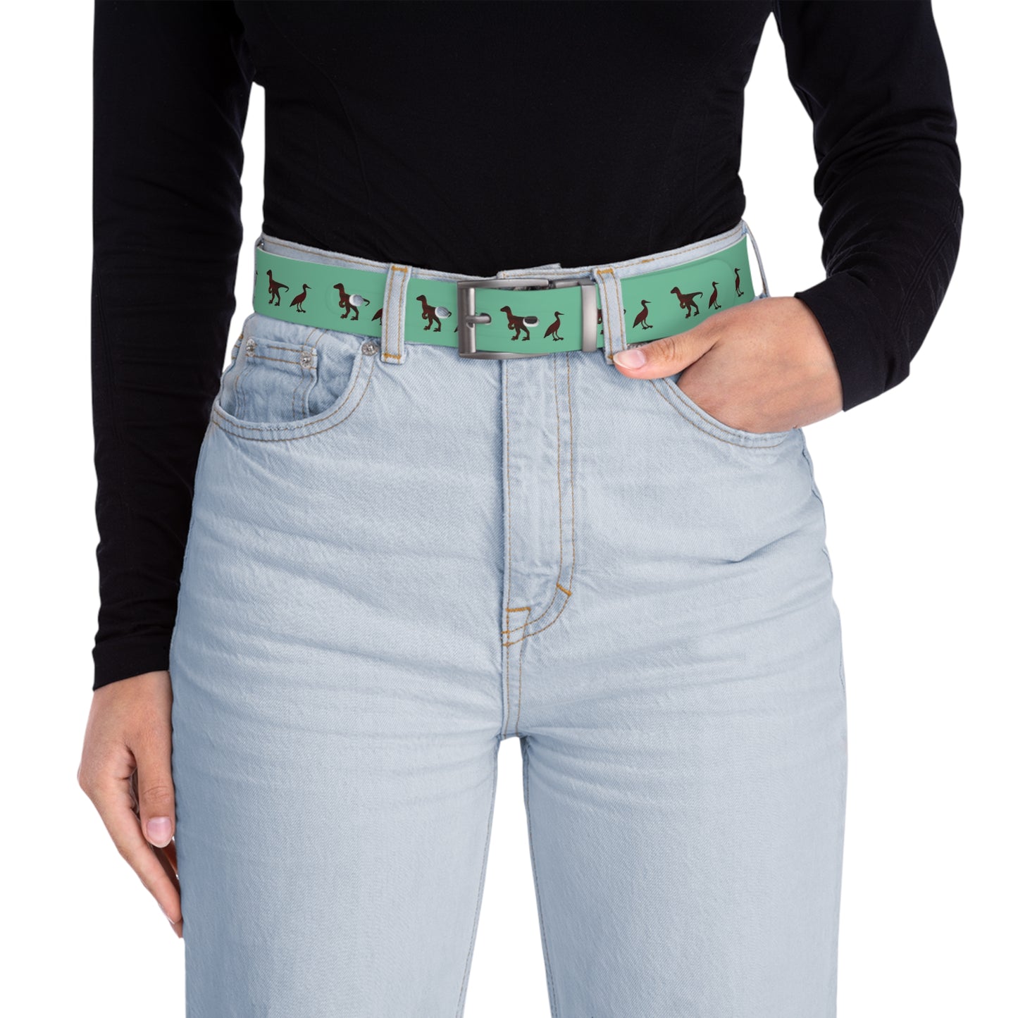Dinosaur Print Belt — Retro Black Dino and Bird Pattern on Casual Belt