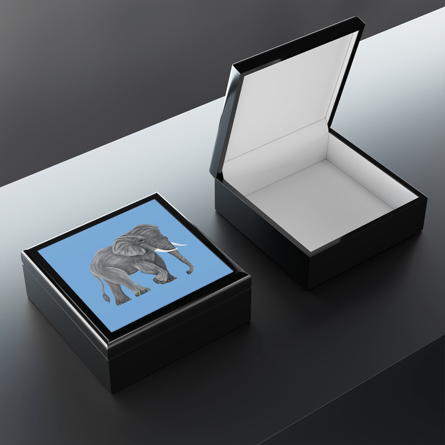 Gray Elephant Illustration Blue Jewelry Box