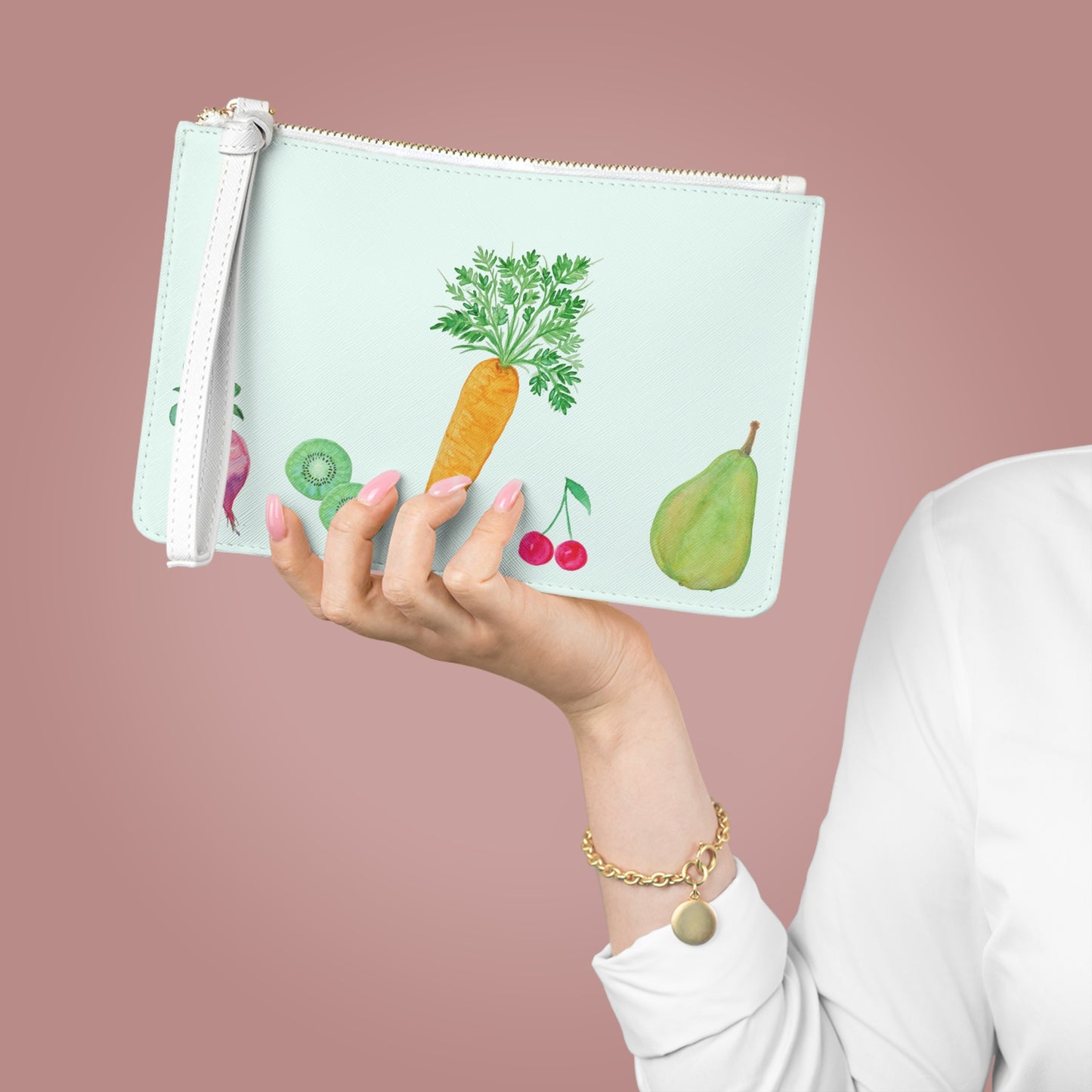 Fruit & Veg Watercolor Clutch Bag — Garden Produce Mint Wristlet