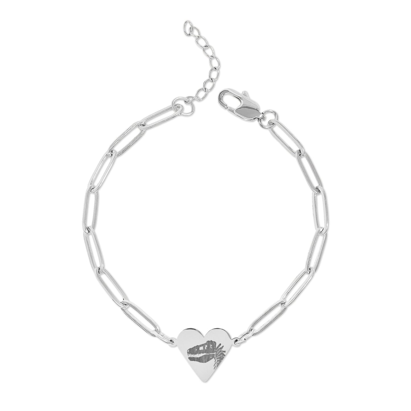 T-Rex Fossil Heart Paperclip Bracelet — Stainless Steel Dinosaur Jewelry