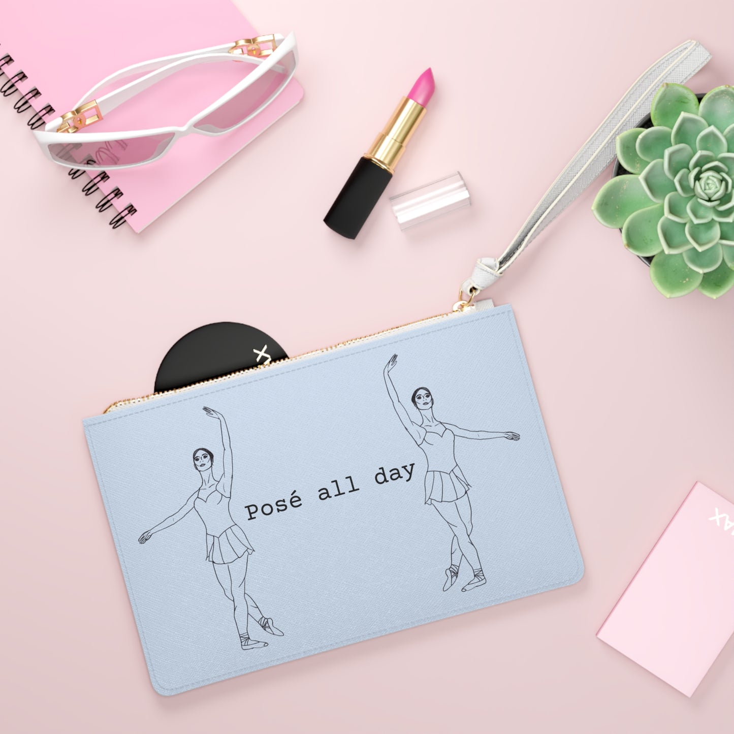 Blue Ballet Dancers Clutch Bag — Minimalist Pointe Shoe Sketch Wristlet