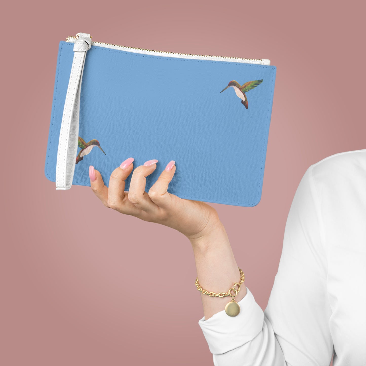 Hummingbird Print Clutch Bag — Sky Blue Wristlet Purse