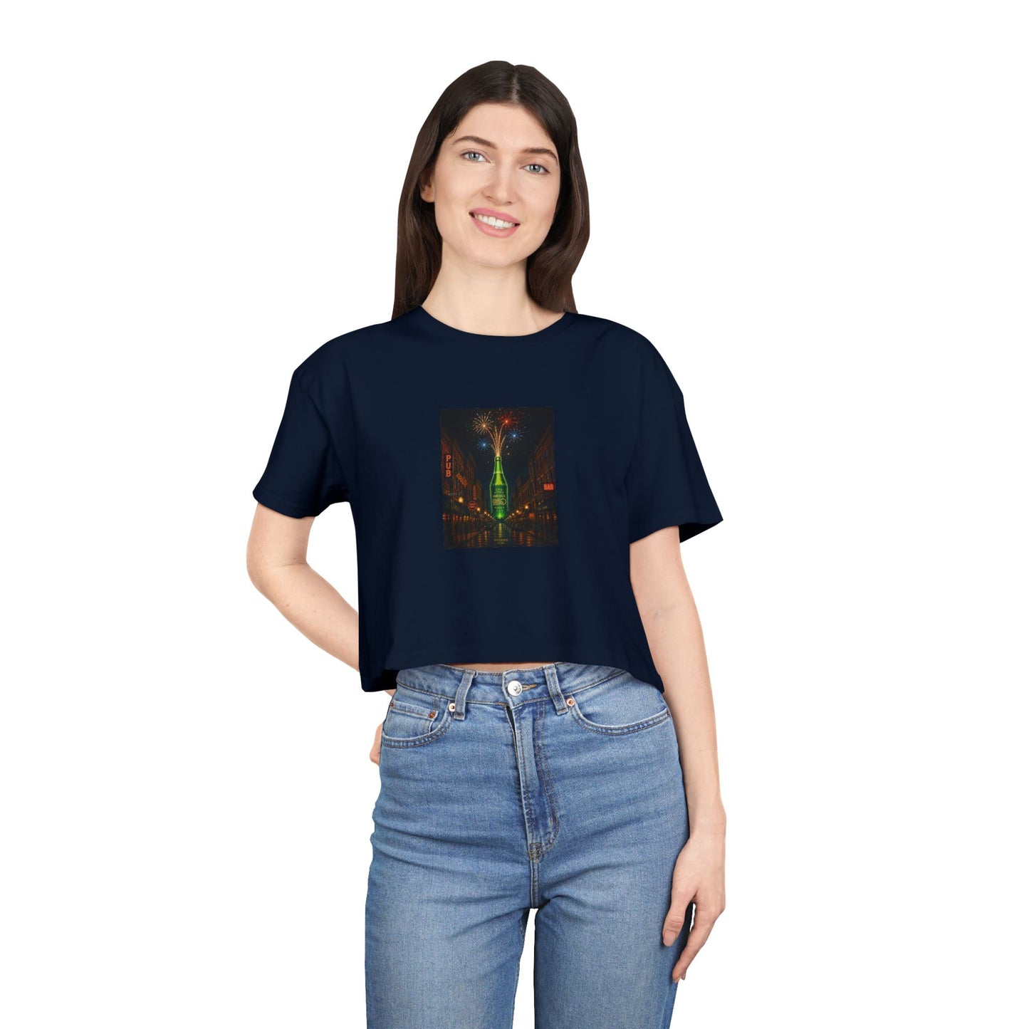 Crop Tee — Neon City Night Skyline Graphic 250th Celebration