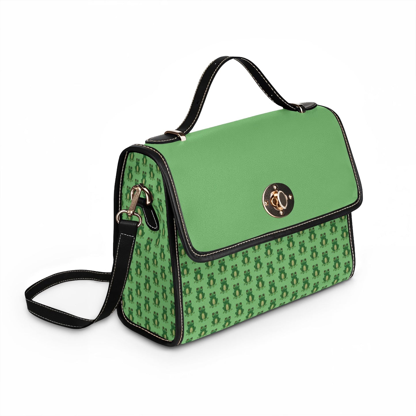 Green Waterproof Frog Print Canvas Satchel