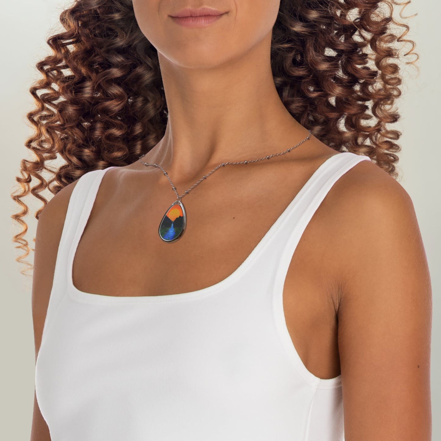Oval Necklace - Tropical Sunset River Teardrop Pendant Necklace