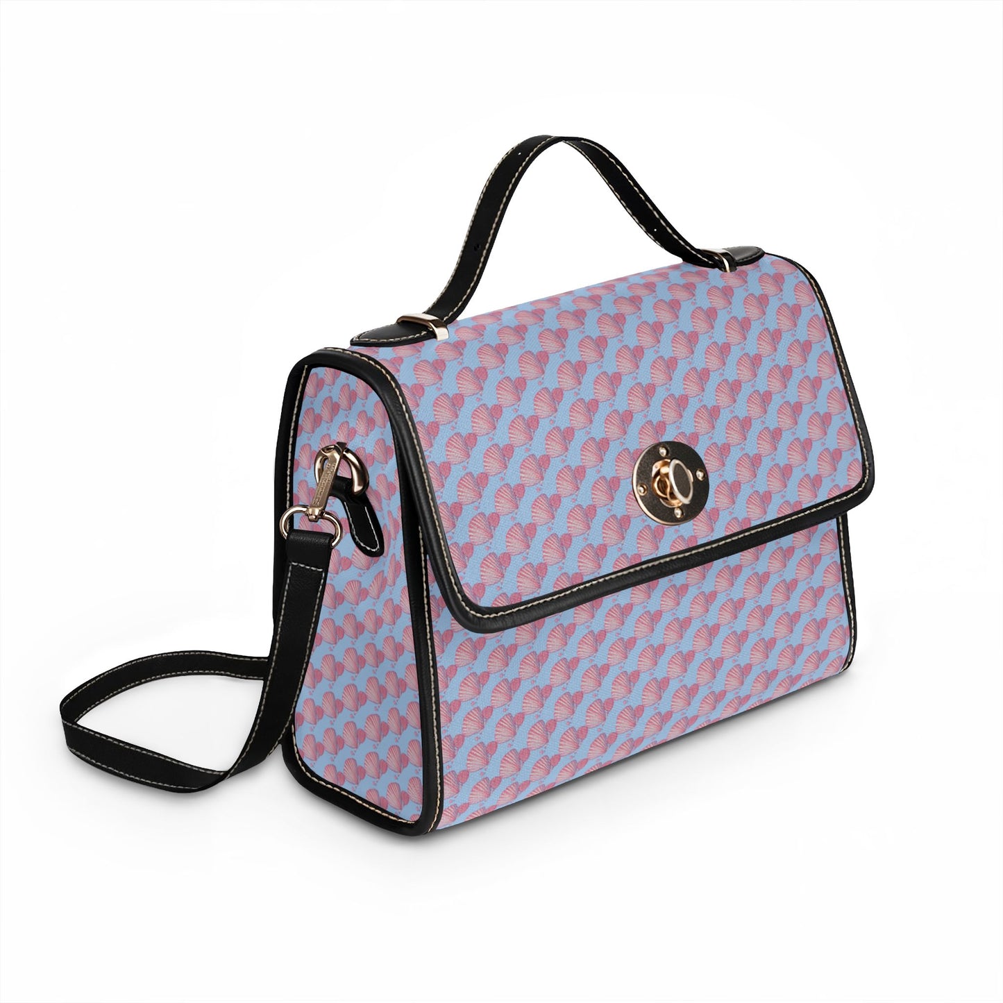 Seashells and Pearls Blue Waterproof Canvas Shoulder Satchel