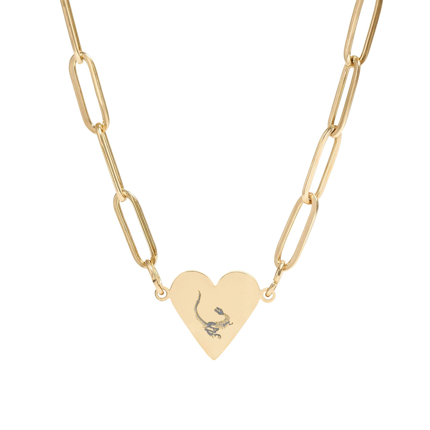 Paperclip Chain Dinosaur Heart Necklace — Engraved Fossil Heart Pendant
