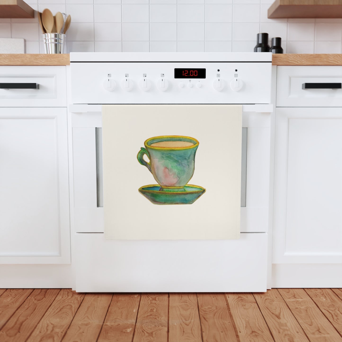 Time for Tea Cotton Tea Towel — Watercolor Teacup Kitchen Towel