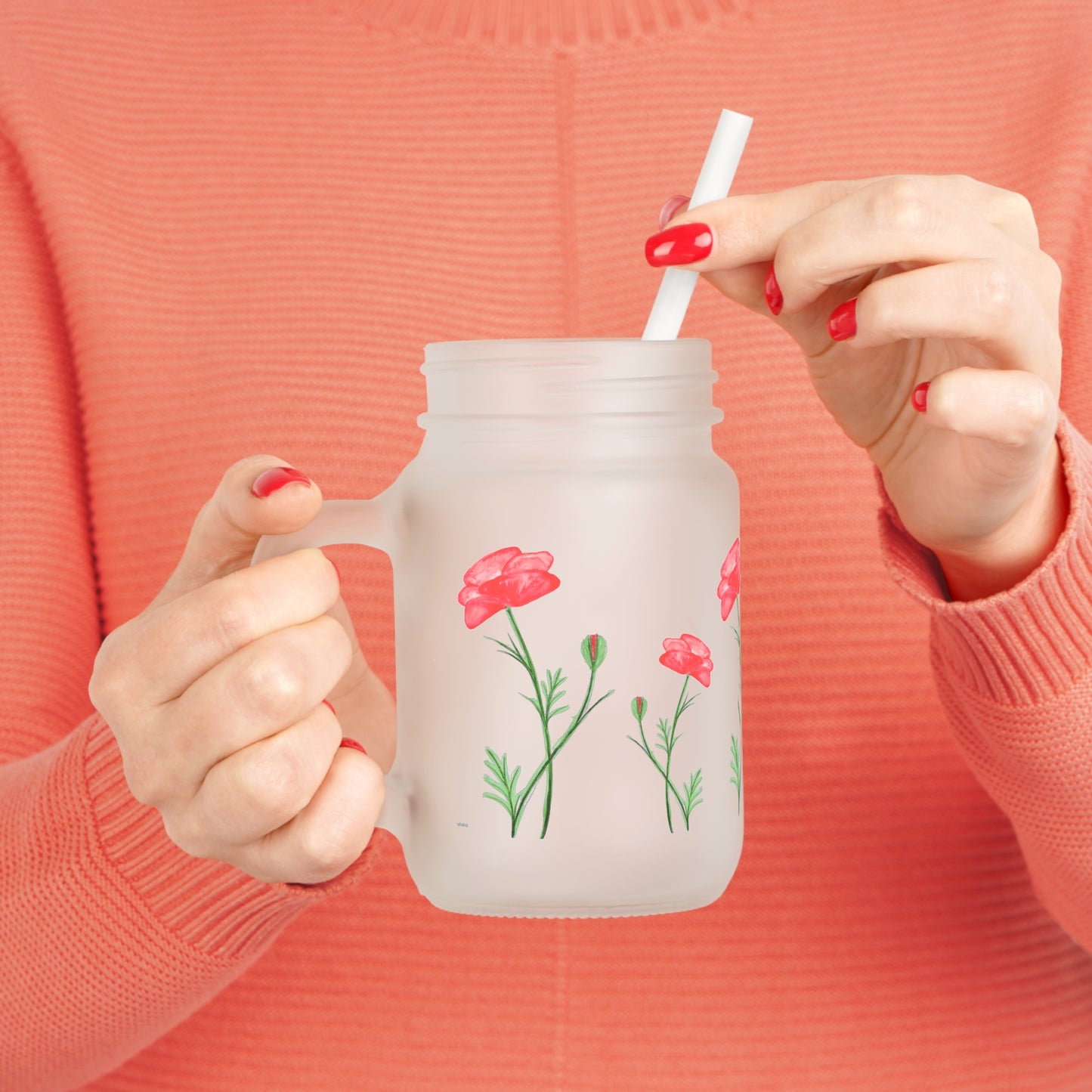 Poppy Mason Jar Tumbler — Floral Mason Jar Cup with Straw