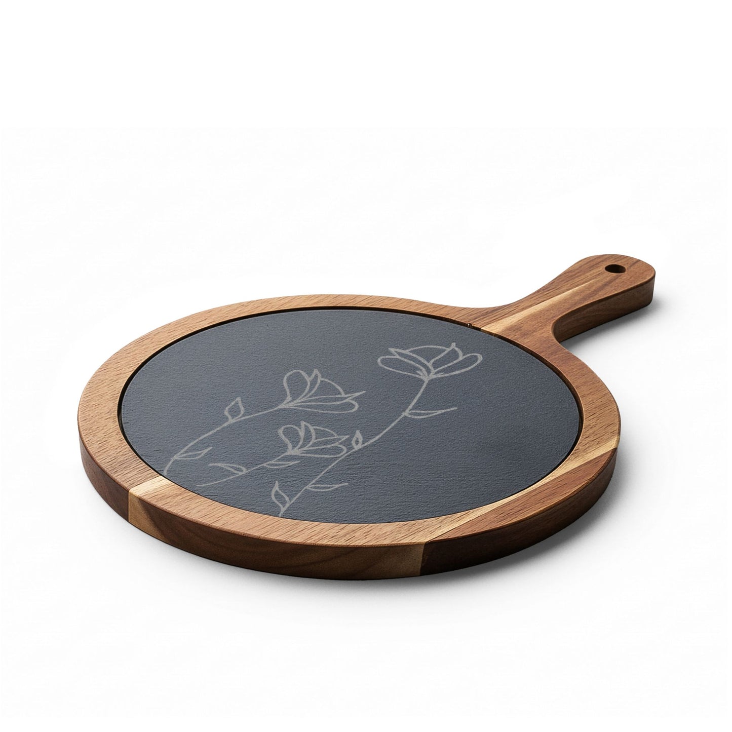 Engraved Acacia Cheese & Charcuterie Board with Slate Inlay — Floral Design