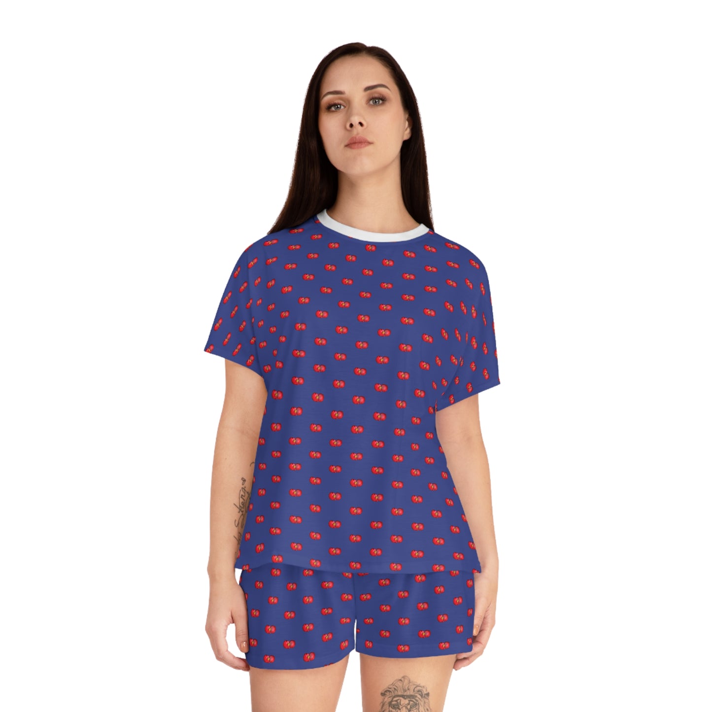 Women’s Short Pajama Set — Blue with Red Begonia Floral Pattern