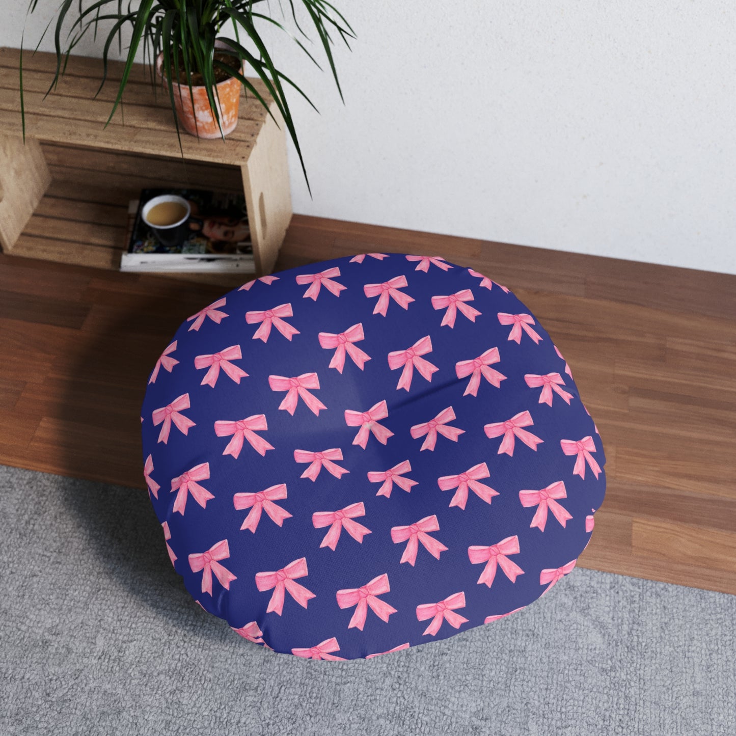 Pink Bow Floor Pillow — Dark Blue