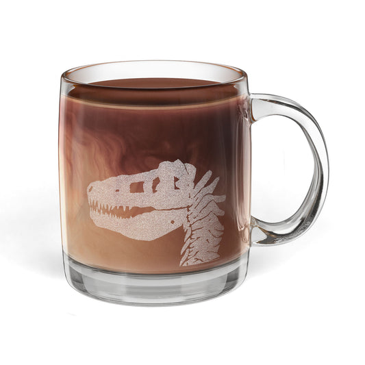 Engraved Dinosaur Glass Coffee Mug — Classic 12.25 oz Clear Mug with Subtle T.Rex Etched Design