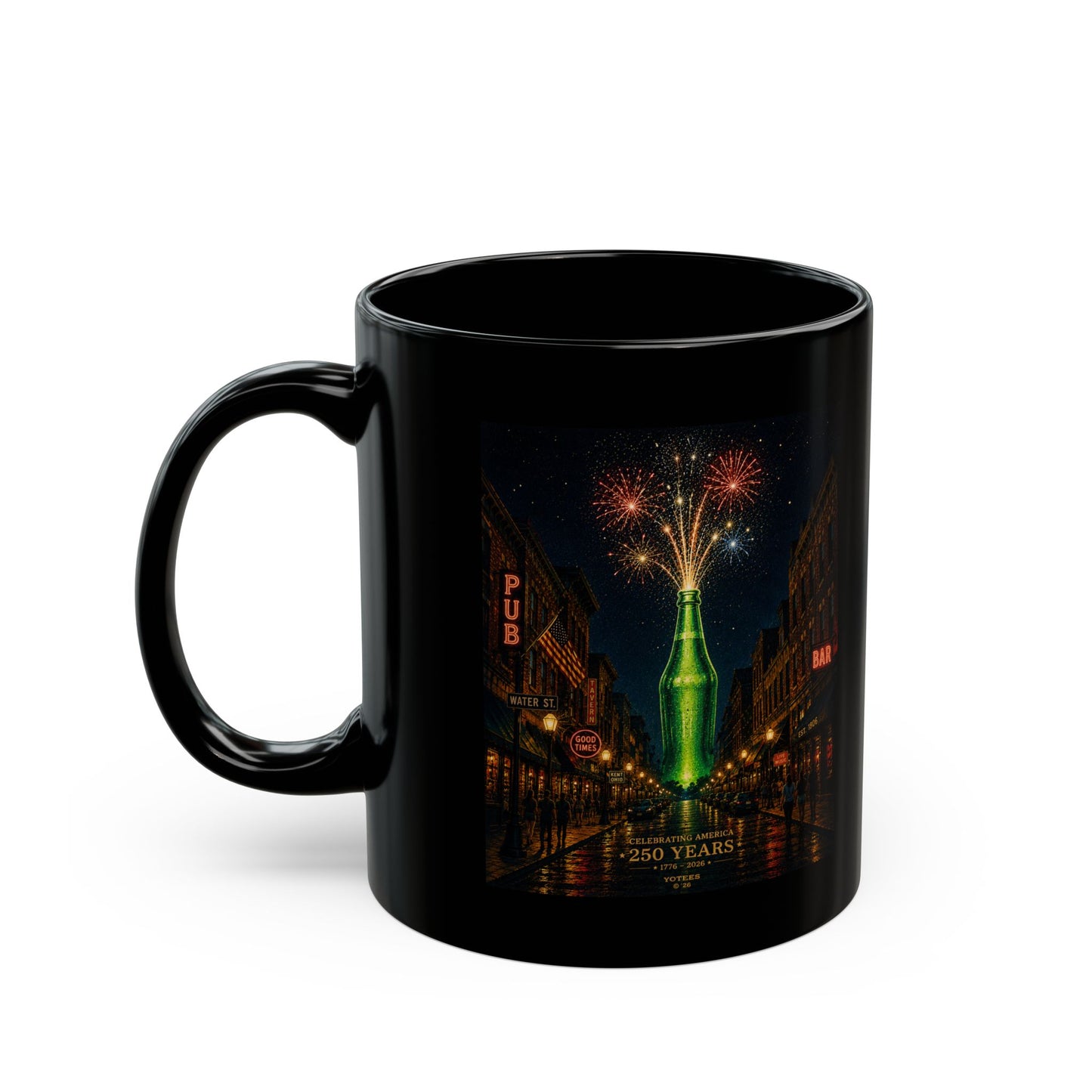 USA 250th Black Mug – Vintage Night Street with Sparkler Bottle Fireworks 11oz