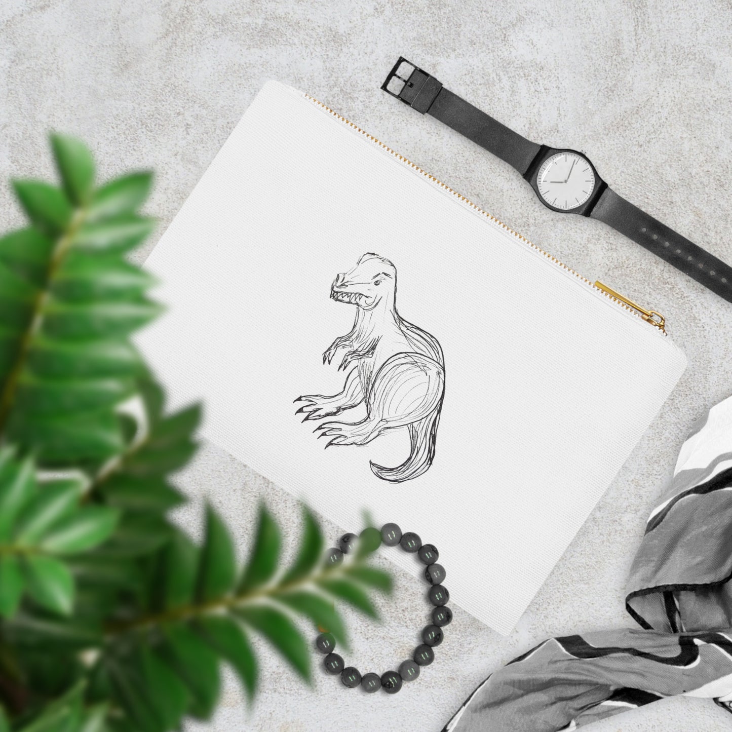 Dinosaur Sketch Cosmetic Bag – Minimalist T‑Rex Makeup Pouch