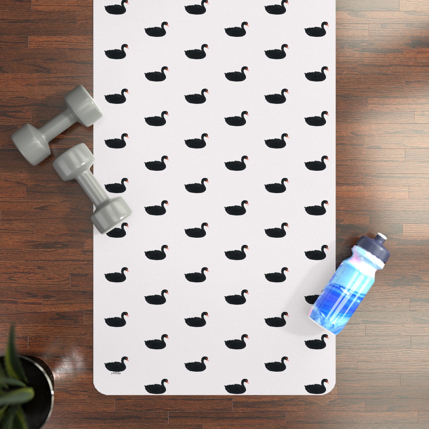 White Rubber Yoga Mat — Black Swan Pattern, Non-Slip Exercise Mat