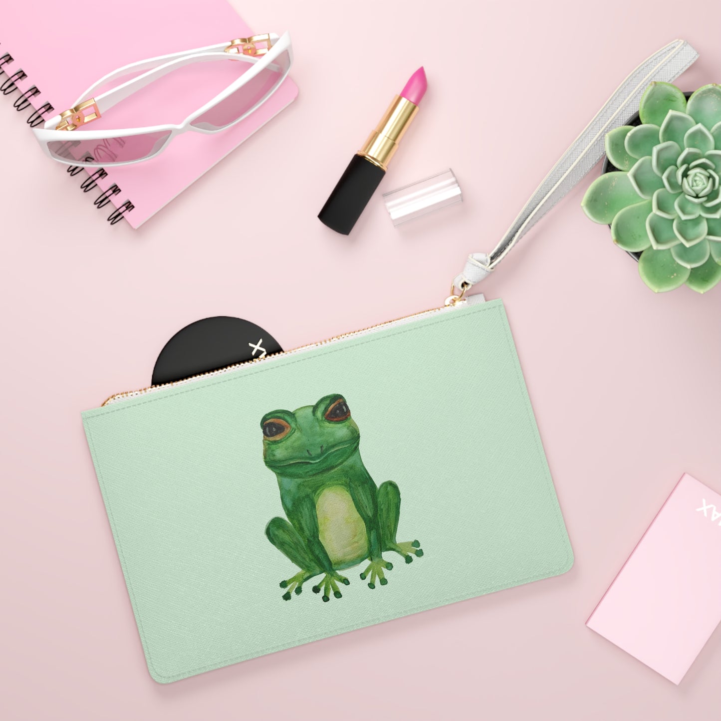 Mint Green Tree Frog Clutch Bag — Illustrated Frog Wristlet Purse