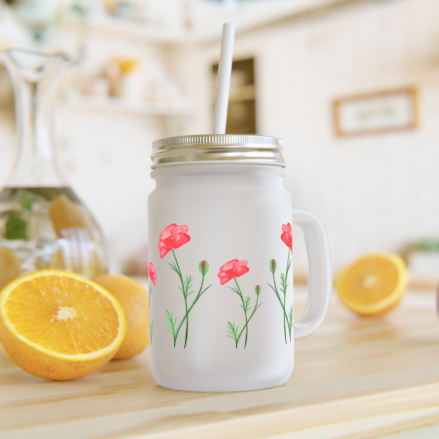 Poppy Mason Jar Tumbler — Floral Mason Jar Cup with Straw
