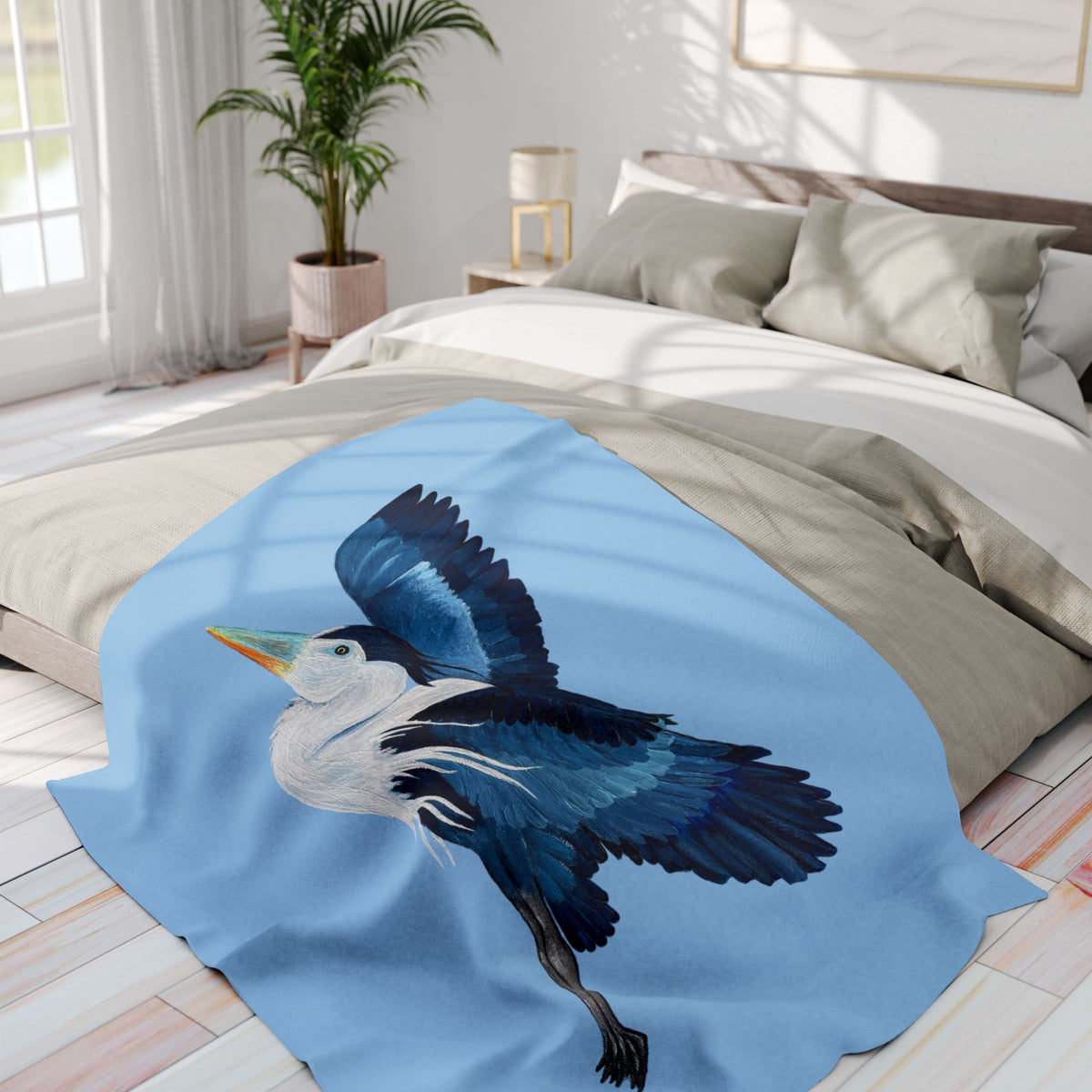 Blue Heron Fleece Blanket — Coastal Bird Throw for Home & Gifting