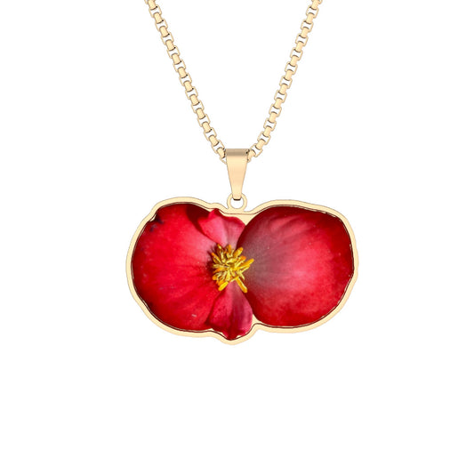 Cutout Red Begonia Pendant Necklace Floral Keepsake