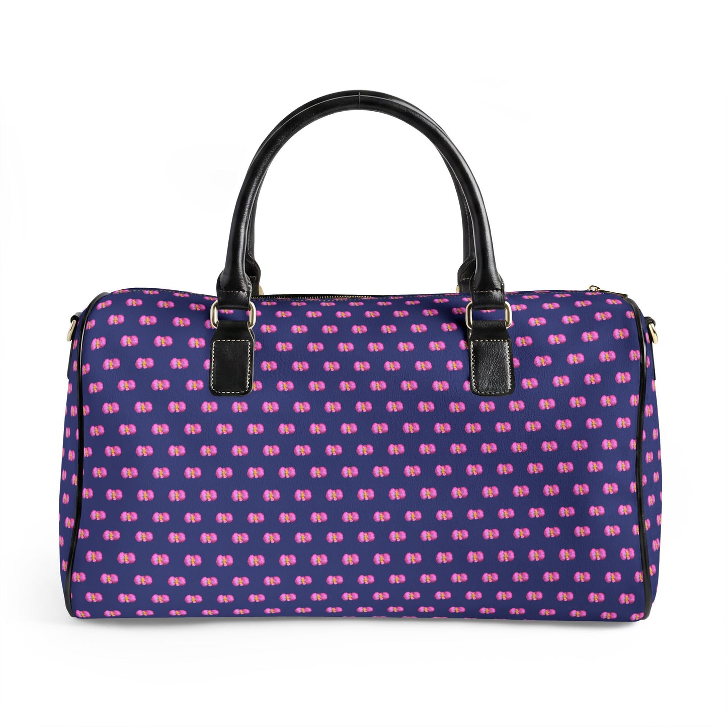 Classic Leather Weekender Bag — Blue with Pink Mini Begonias Floral Pattern
