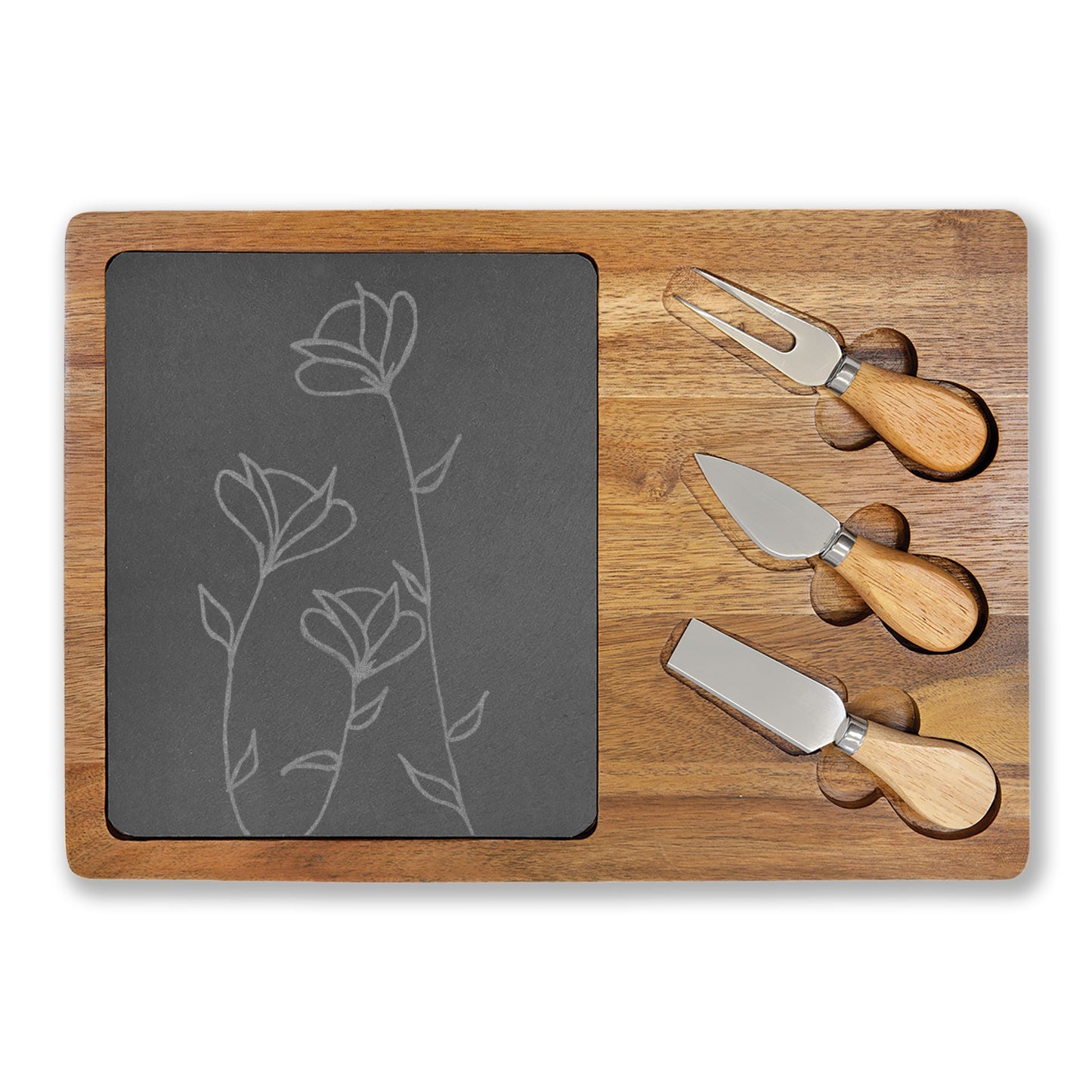 Engraved Acacia Cheese & Charcuterie Board with Slate Inlay — Floral Design