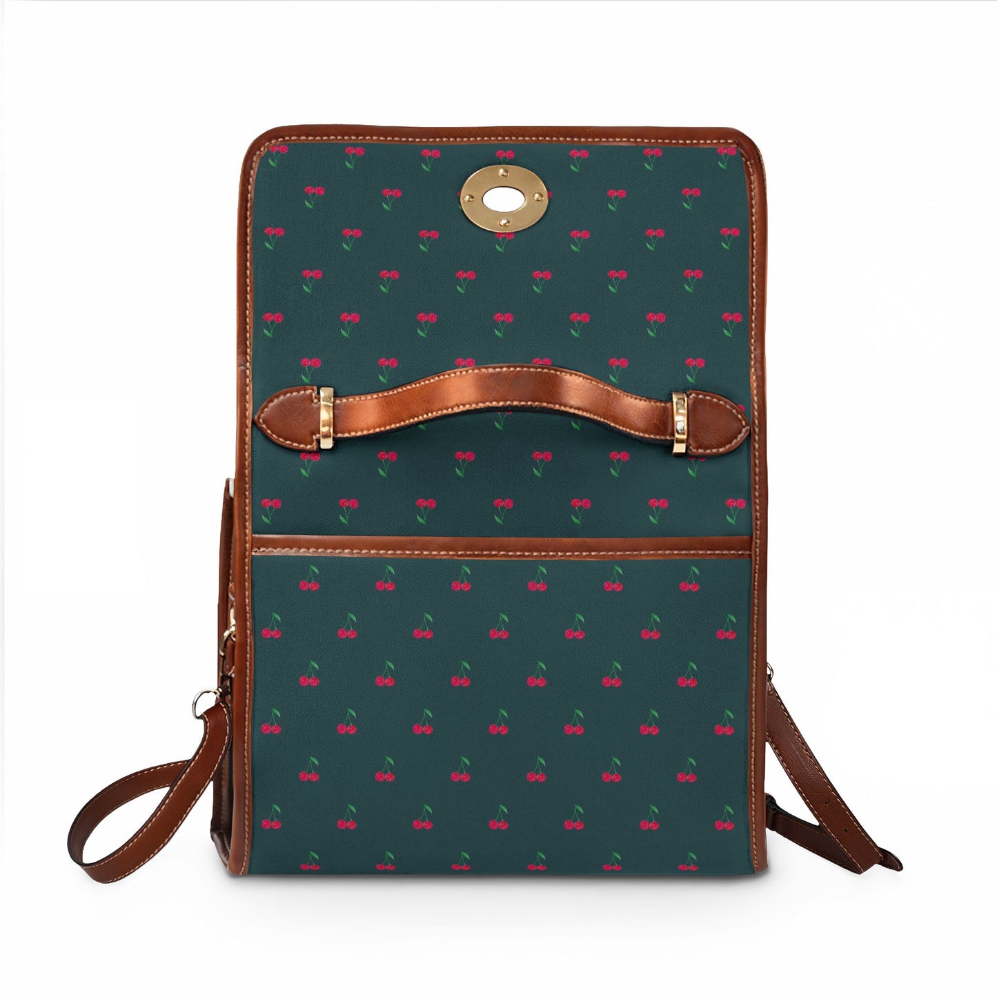 Cherry Pattern Canvas Tote — Vintage Green Waterproof Bag