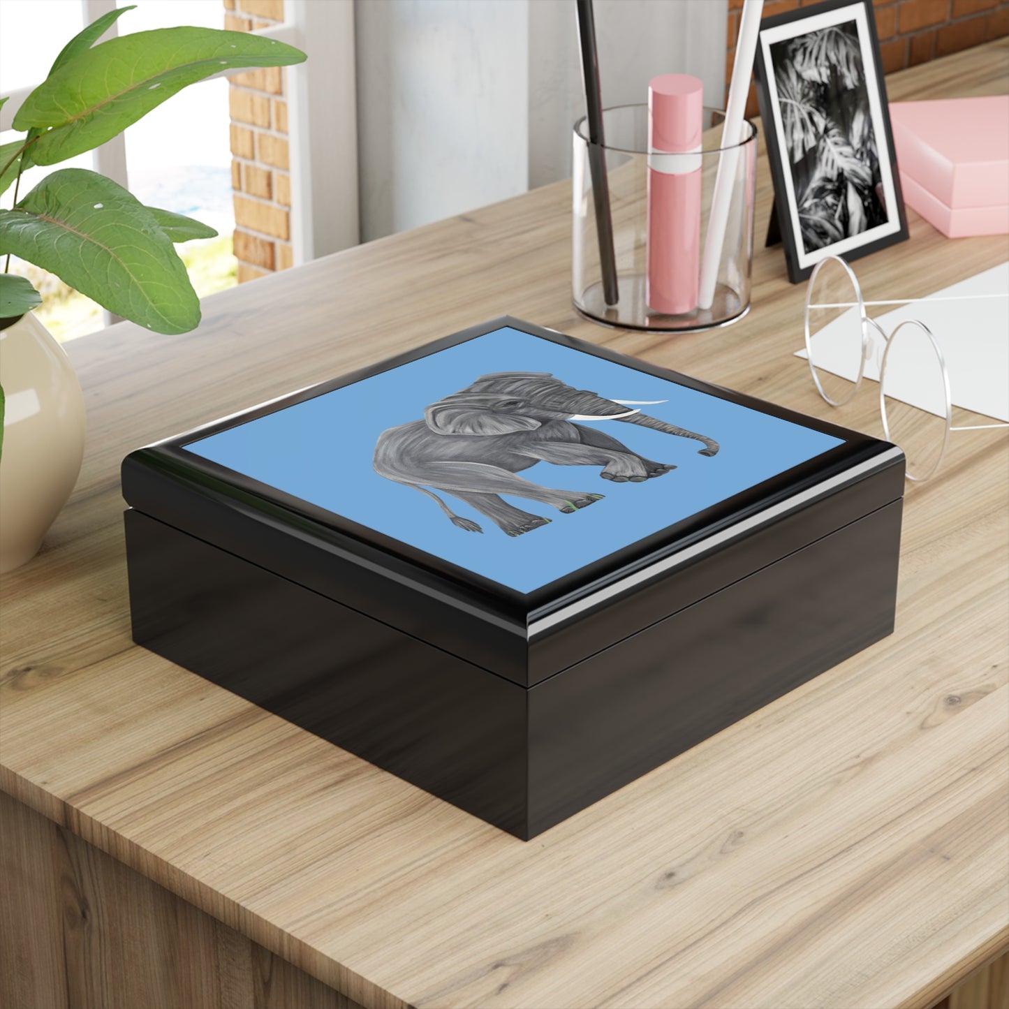 Gray Elephant Illustration Blue Jewelry Box