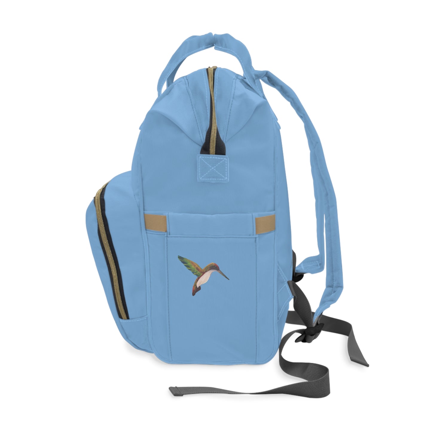 Light Blue Hummingbird Print Diaper Backpack – Multifunctional Baby Bag with Changing Pad