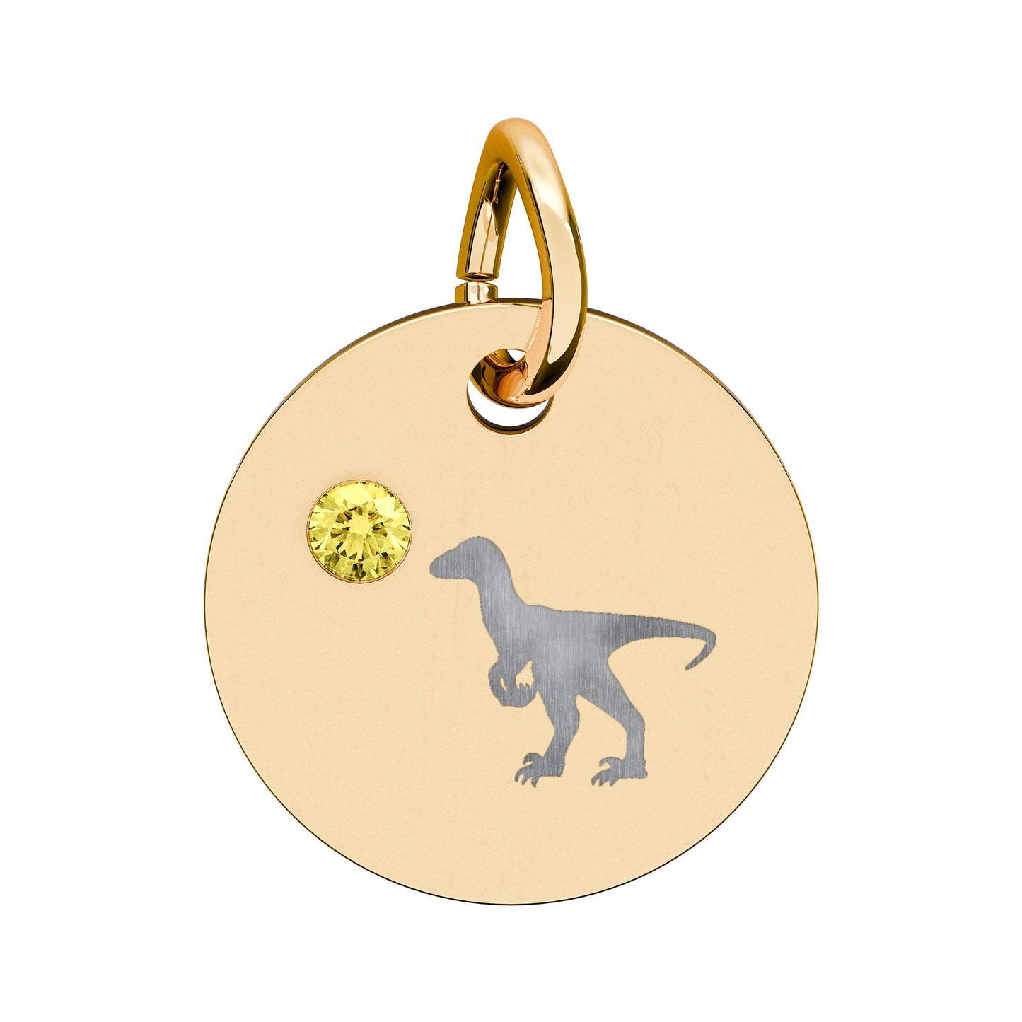 Birthstone Circle Charm — Engraved Dinosaur Silhouette Pendant