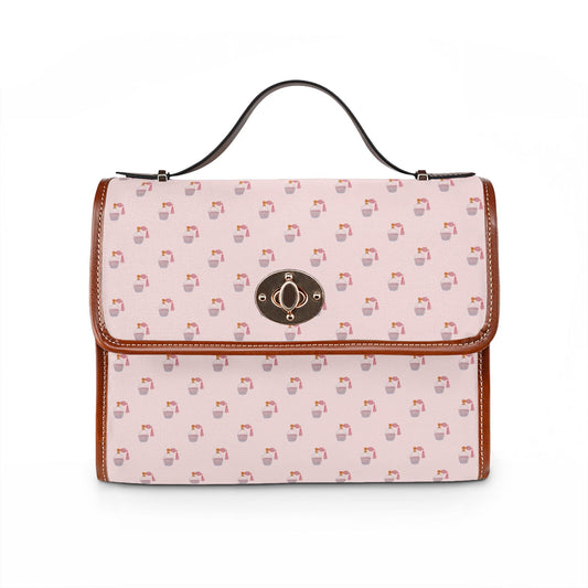 Pink Perfume Canvas Handbag — Waterproof Crossbody Satchel with Vegan Leather Trim