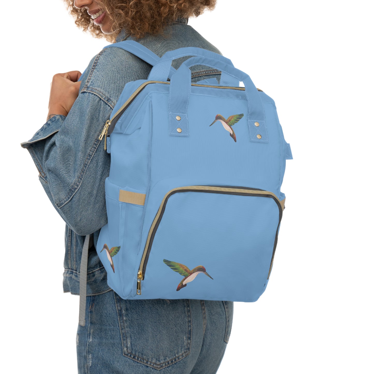 Light Blue Hummingbird Print Diaper Backpack – Multifunctional Baby Bag with Changing Pad