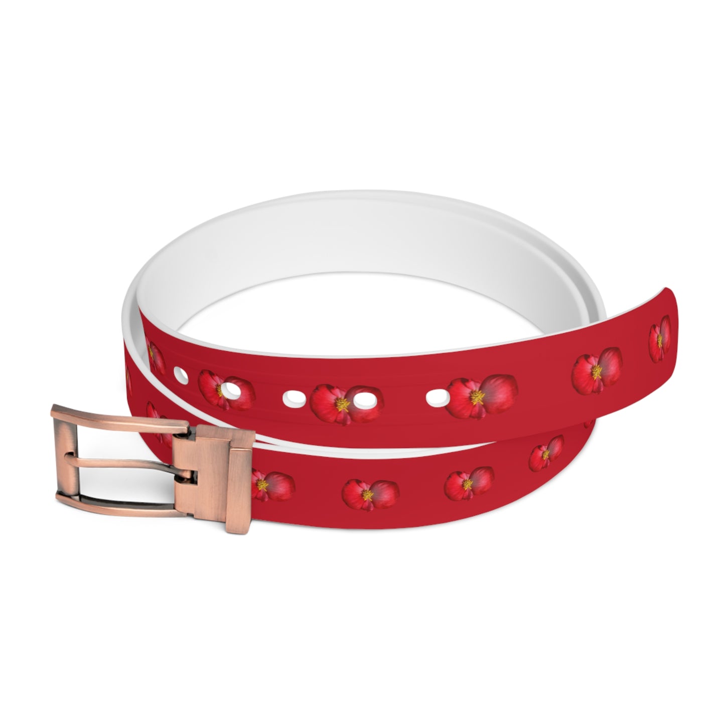 Begonia Dot Belt — Black Waist Belt with Red Begonia Floral Pattern