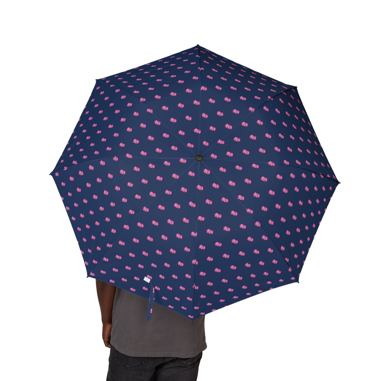 Compact Foldable Umbrella — Navy with Pink Begonia Raindrop Pattern (Semi-Automatic Umbrella)
