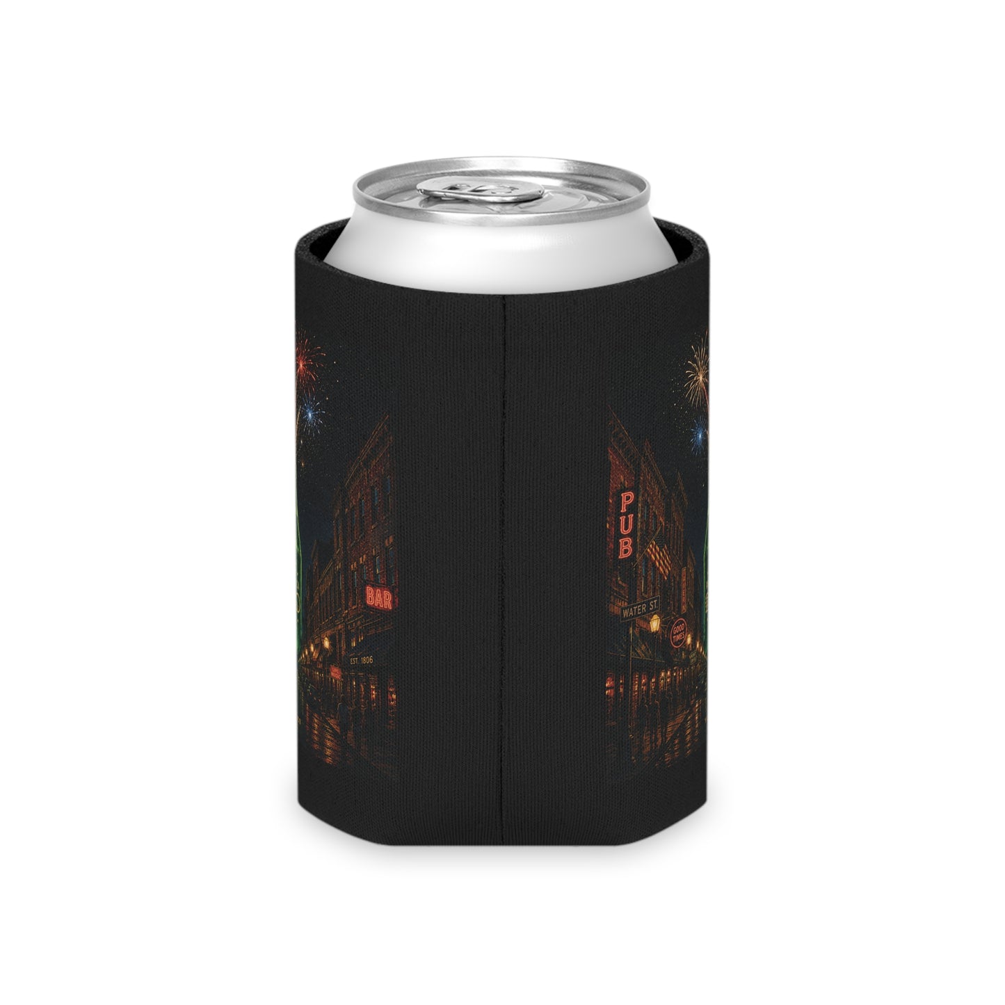 Can Cooler — Neon Bottle Nightscape with Fireworks