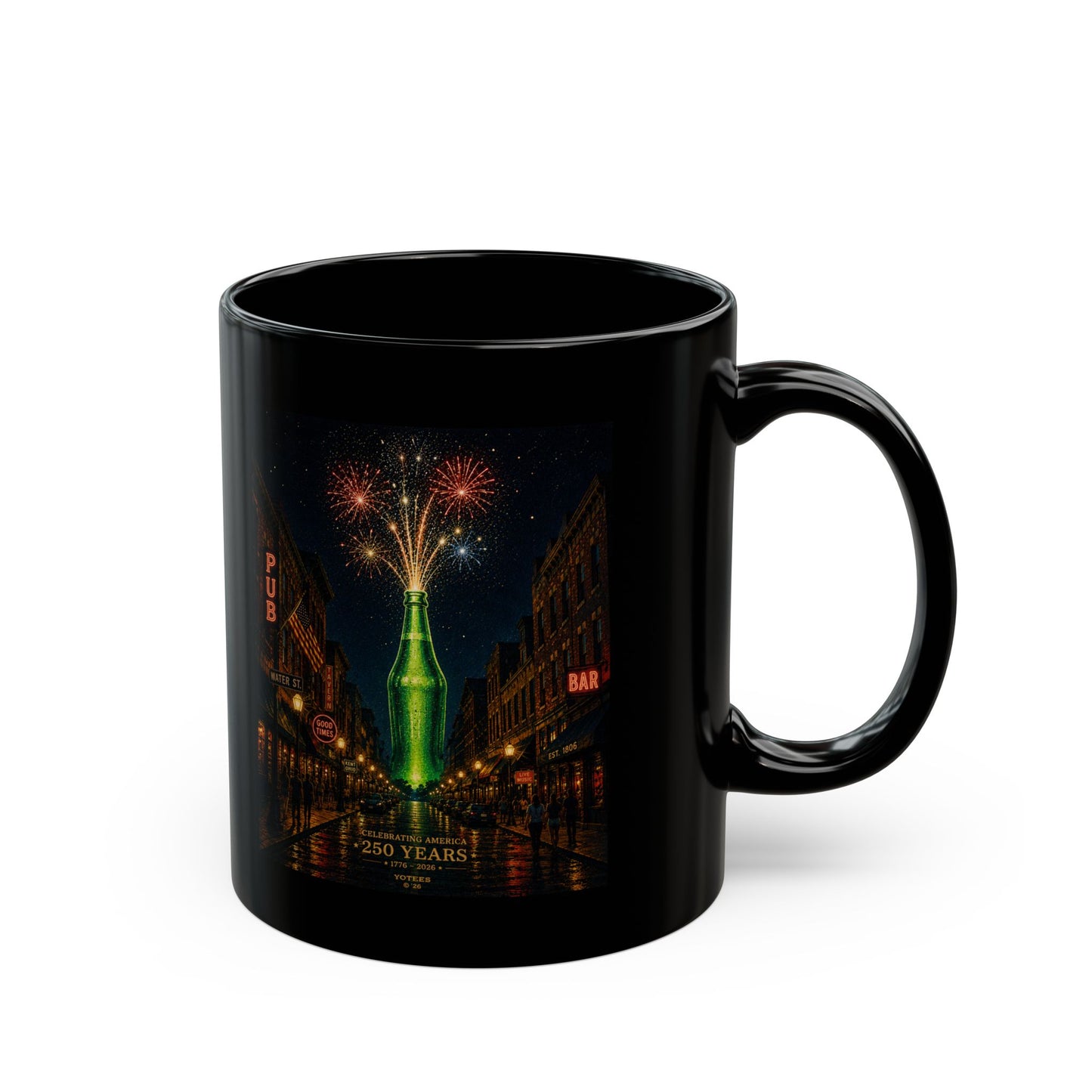 USA 250th Black Mug – Vintage Night Street with Sparkler Bottle Fireworks 11oz