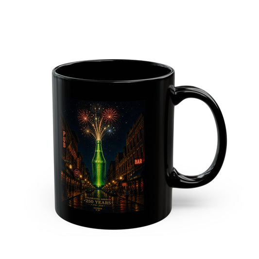 USA 250th Black Mug – Vintage Night Street with Sparkler Bottle Fireworks 11oz