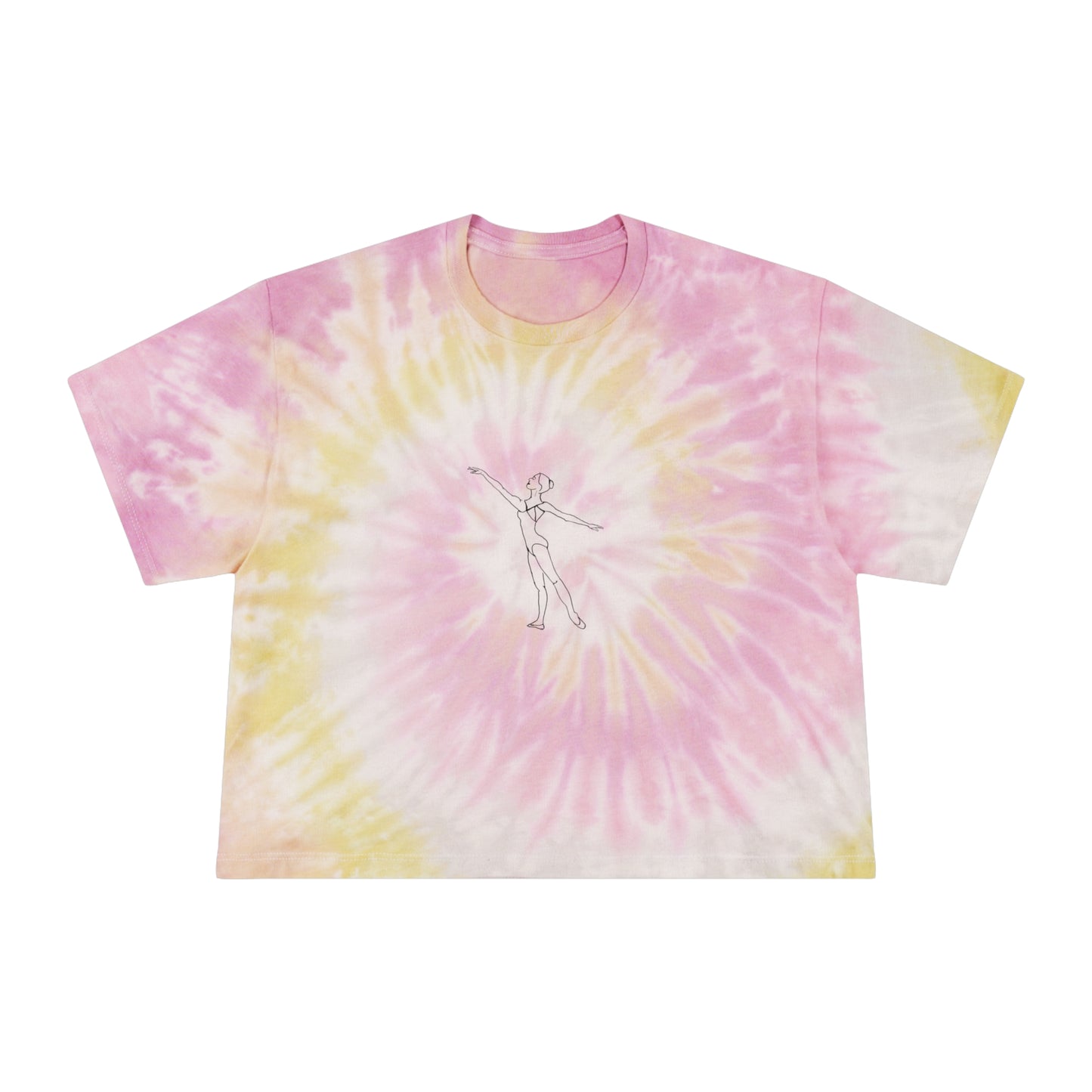 Tie-Dye Crop Tee — Pastel Blue Spiral with Minimal Line Art