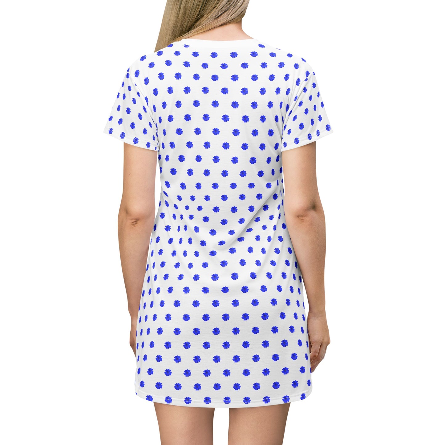 Blue Polka Dot T-Shirt Dress – Casual Summer A-Line Dress with Plumbago Flower Design