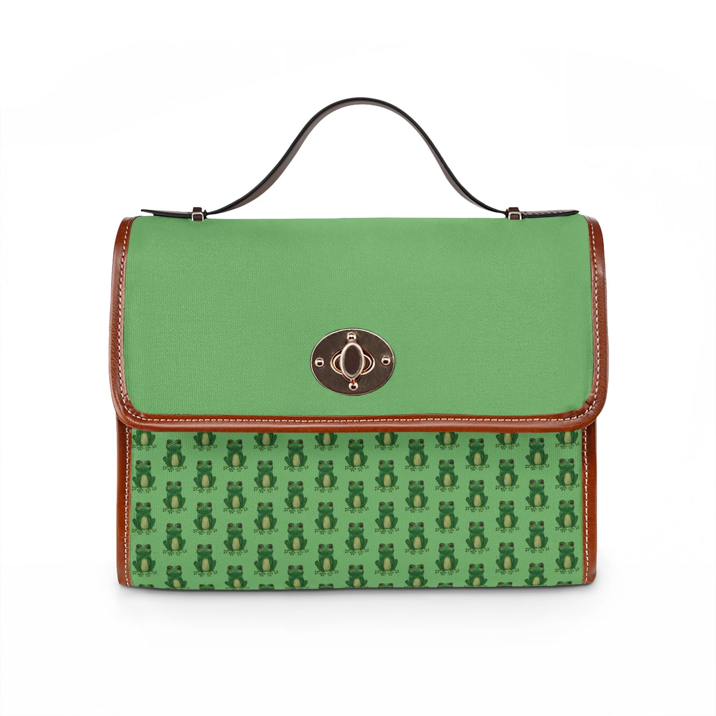 Green Waterproof Frog Print Canvas Satchel