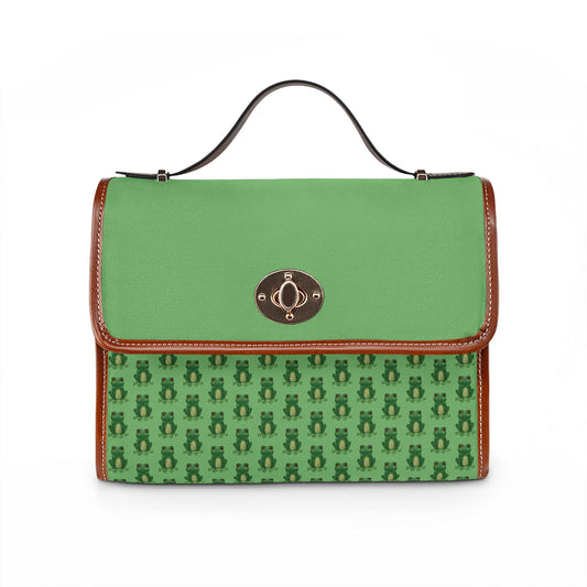 Green Waterproof Frog Print Canvas Satchel