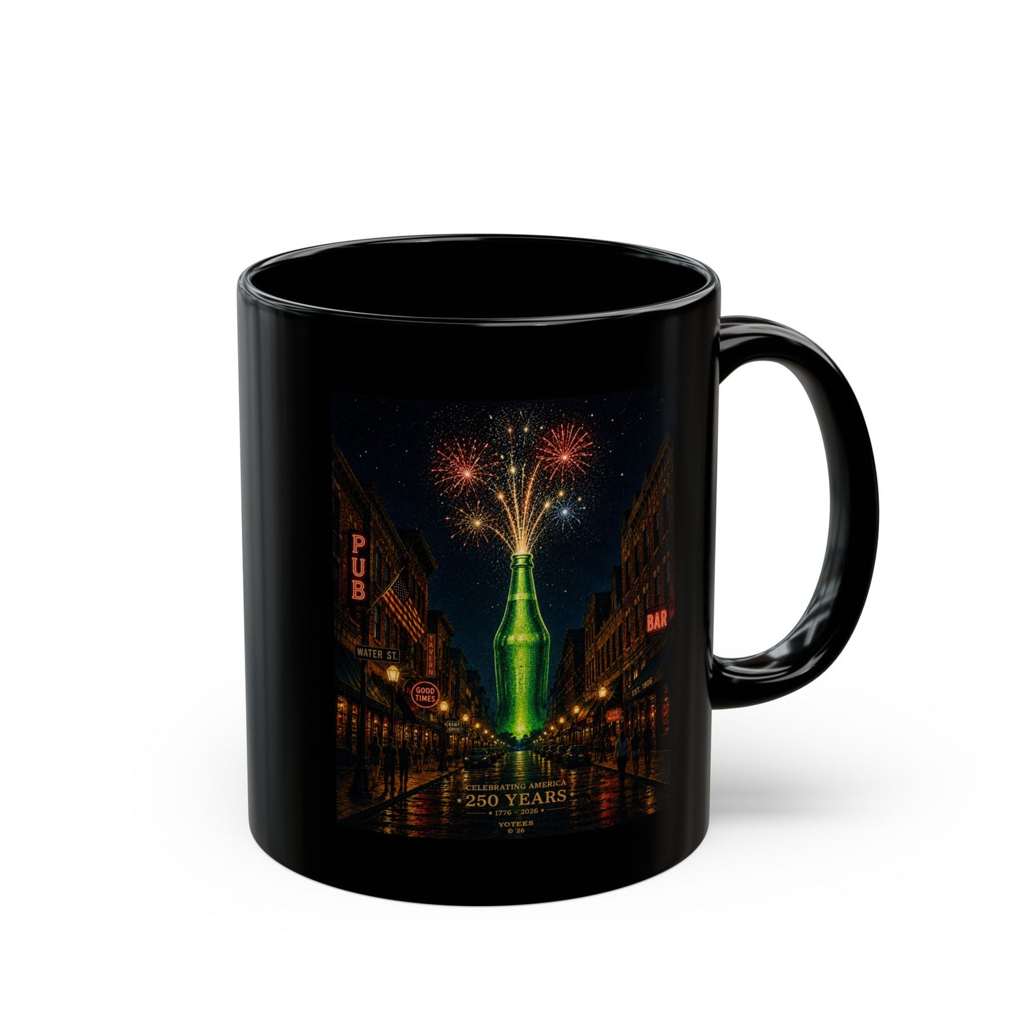 USA 250th Black Mug – Vintage Night Street with Sparkler Bottle Fireworks 11oz