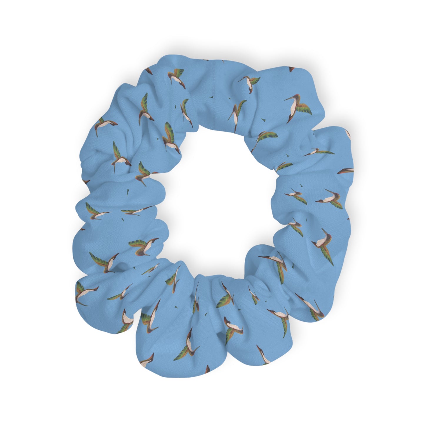 Blue Hummingbird Scrunchie — Floral Bird-Print Hair Tie
