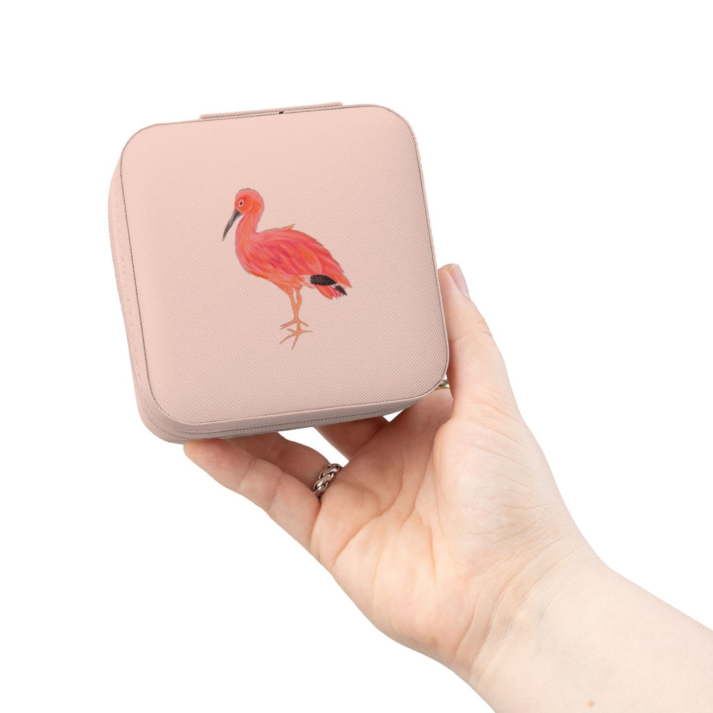 Pink Ibis Bird Jewelry Travel Case — Compact Organizer for Rings, Earrings & Necklaces